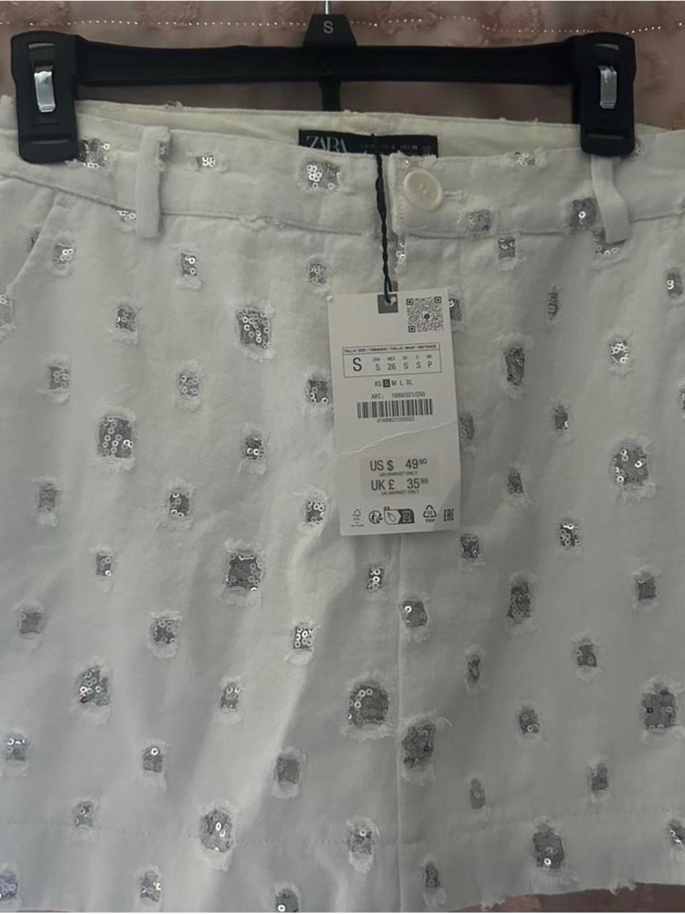 Zara White Mini Skirt with Silver Sequin Accents
